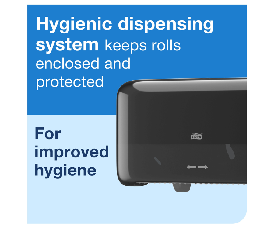 A hand refilling a wall-mounted toilet paper dispenser with two rolls, shown against a tiled bathroom wall. Tork OptiServe® Coreless 2-Roll Toilet Paper Dispenser (14.17 in. x 5.12 in. x 8.15 in., 1/Case)